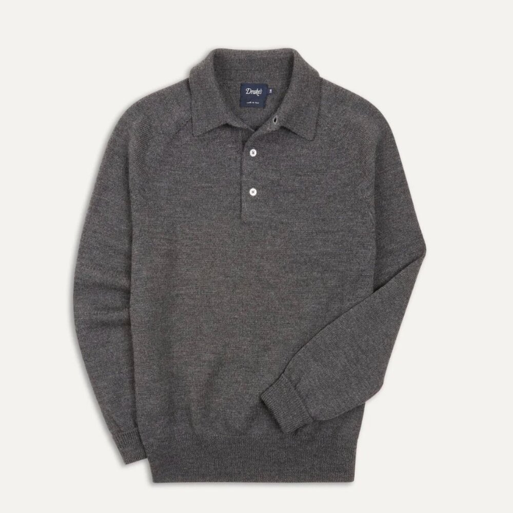 Drake's - Grey Merino Wool Knitted Polo - Size M